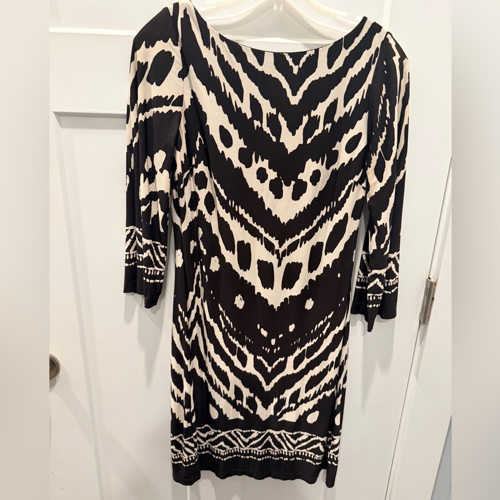 En Focus Studio Black Cream Print Dress Size 6 3/4 Sleeve Stretch Shift